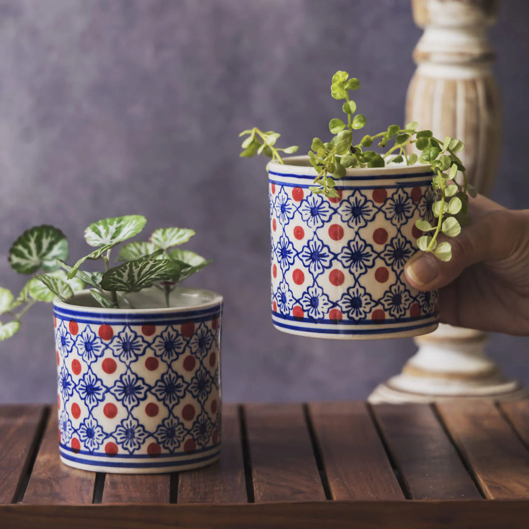 Blue Pattern Ceramic Planter Set | Brown & Blue Pattern Small Planter Pot Set of 2
