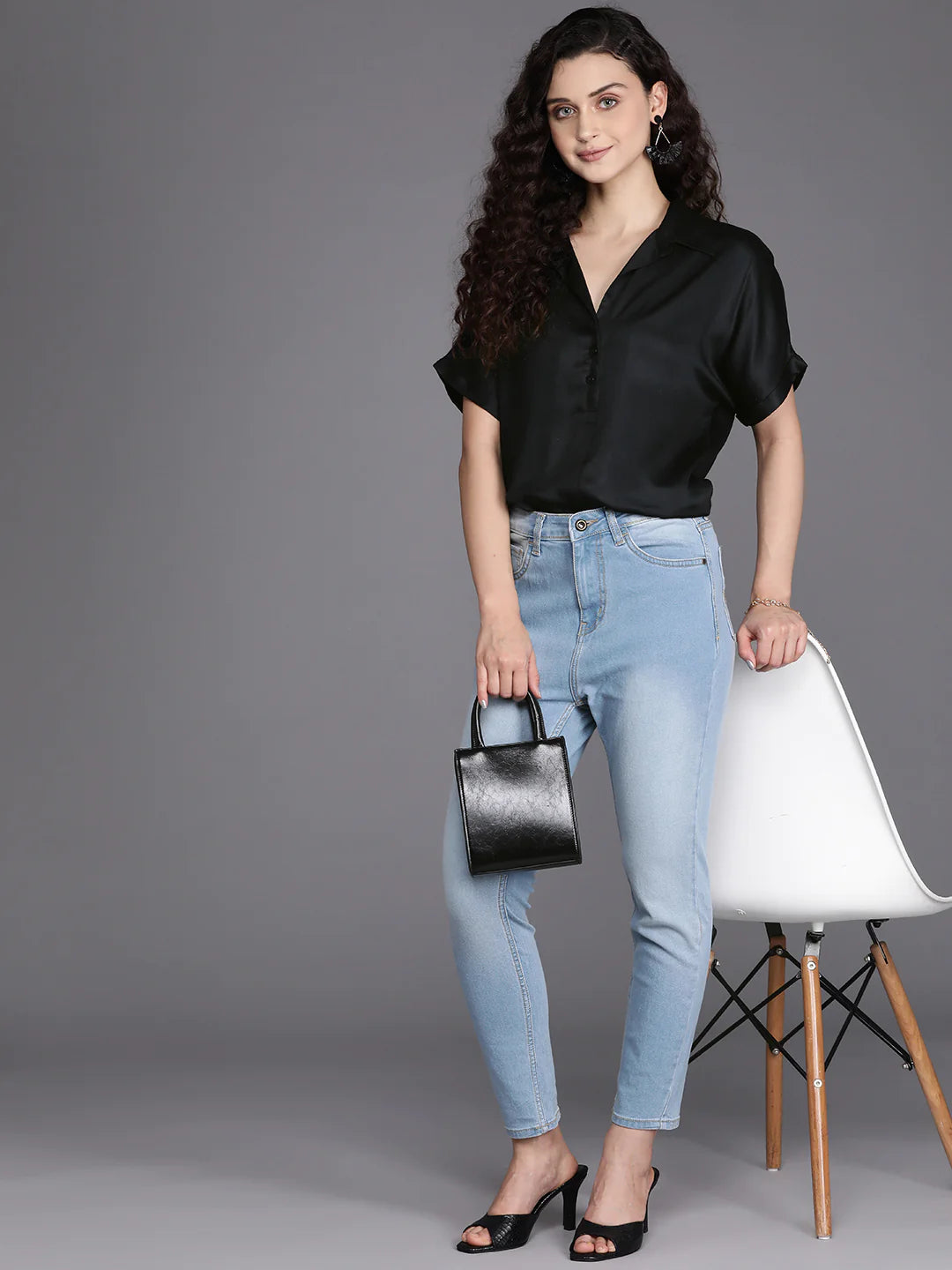 Black Satin Shirt Top | Chic Black Satin Half-Placket Shirt Top