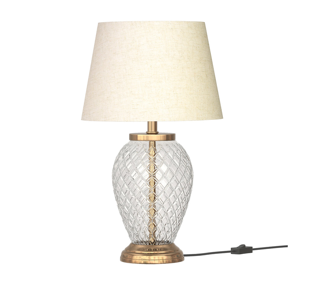 Brass Table Lamp with Diamond Cut Glass & White Shade