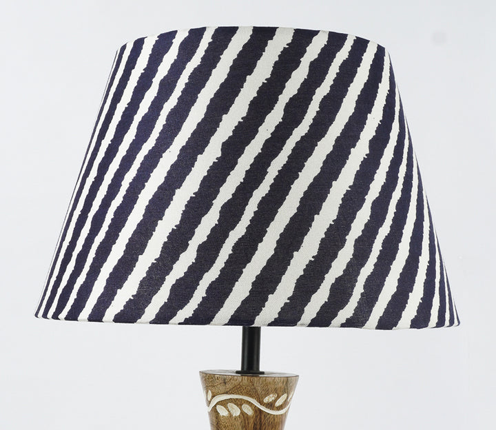 Blue Striped & Leaf Embossed Wood Table Lamp with Shade