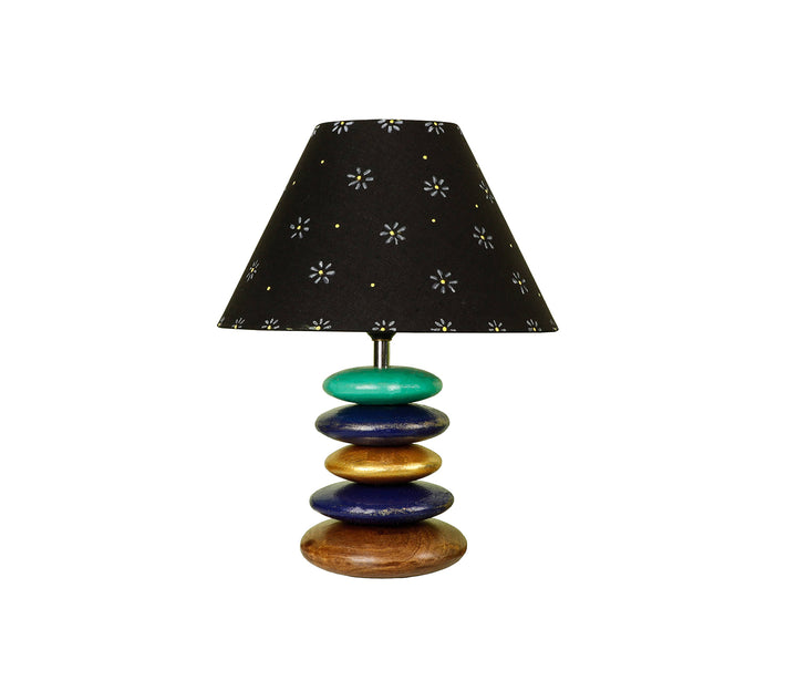 Hand Painted Wooden Table Lamp with Blue Accents and Black Shade