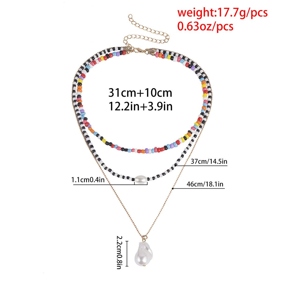Layered Choker Necklace for Women and Girls of 3 Pcs | Water Drop Faux Pearl Pendant Colourful Rice Beaded Layered Choker Necklace for Women of 3 Pcs & Girls