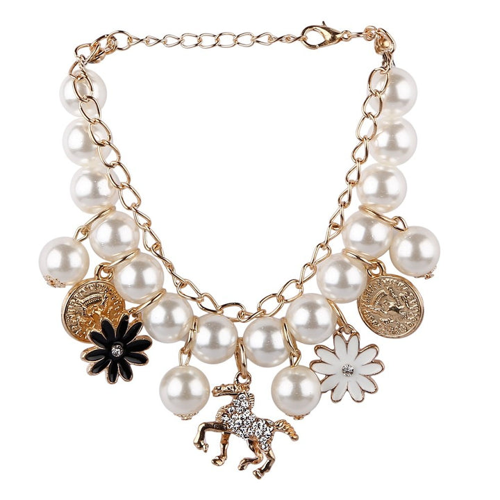 Flower and Horse Charm Bracelet | All In One Pearly Daisy Floral Horse Stones Charm Bracelet for Women & Girls