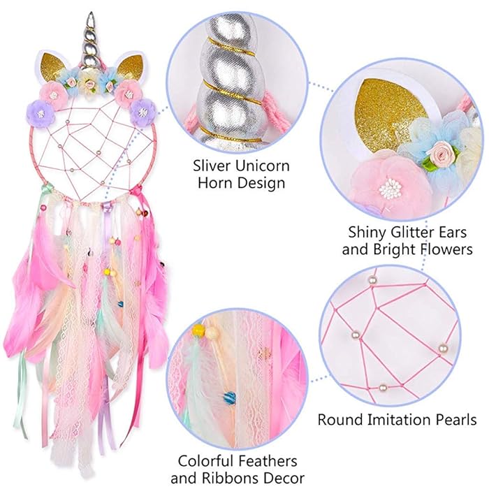 Unicorn Dream Catcher | Cotton Thread Pink Unicorn Dream Catcher - Shiny Pearls Net