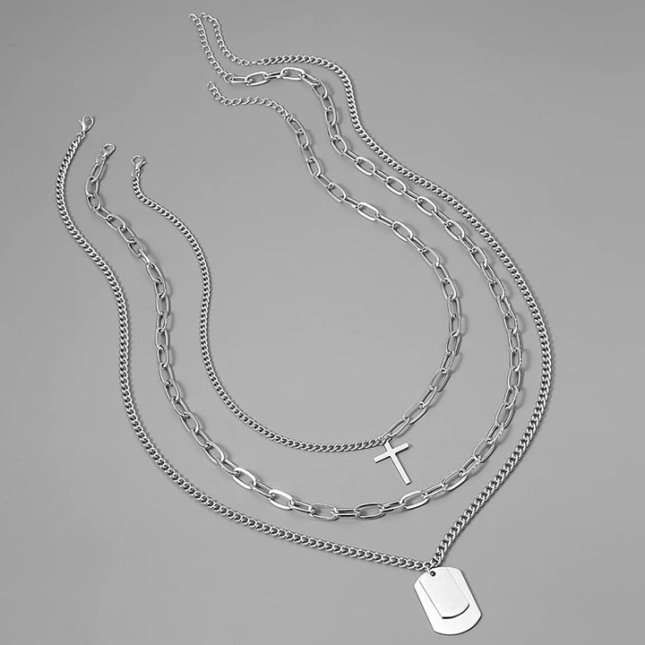 Layered Silver Necklace with Pendants. | Unique Layering Silver Necklace with Cross & Dogtag Pendants