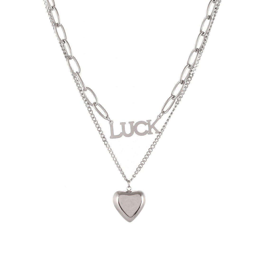 Layered Heart Pendant with Luck Engraving | Luck Engraved with Layered Heart Pendant Necklace