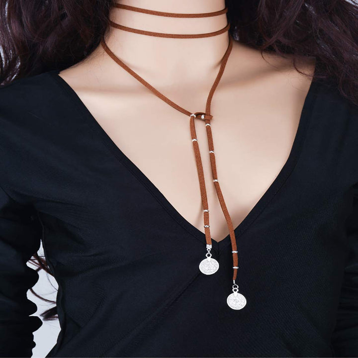 Layered Brown Choker Necklace | Coin Drops Tie-up Layered Brown Lariat Choker Necklace