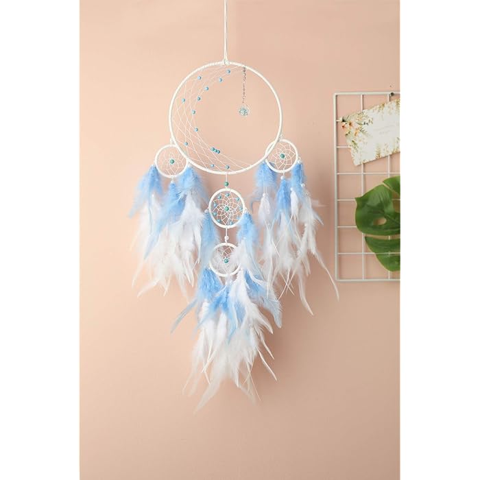 Moon Dream Catcher with White and Blue Feathers | Handmade Moon Dream Catcher - White Blue Feather