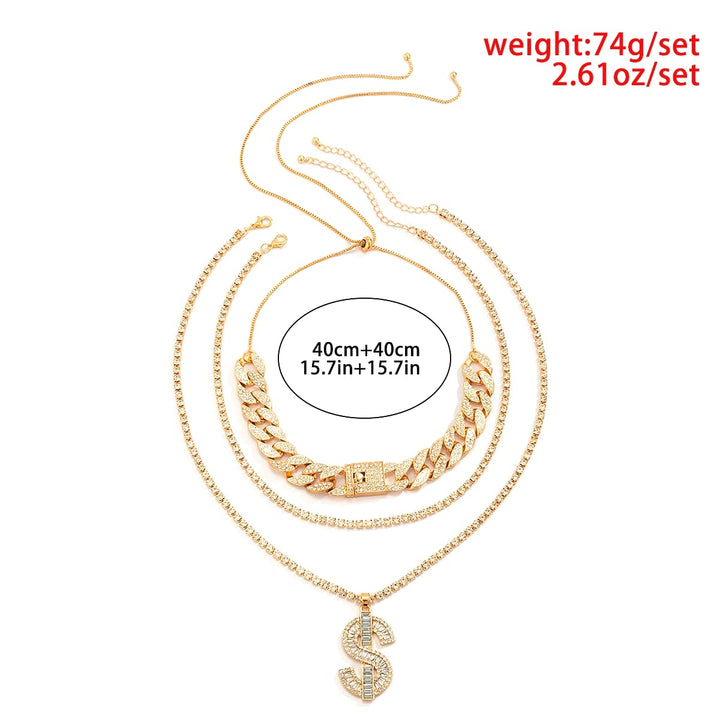 Men's Golden Dollar Sign Chain Necklace | Golden Multilayer Hip Hop Cuban Long Chain