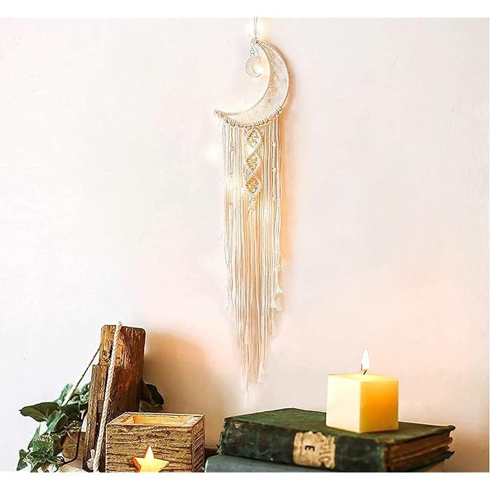Cotton Moon Dreamcatcher with LED Lights | Handmade Moon Dreamcatcher with LED Light - Cotton Wall Hanging (Moonlight Yellow)
