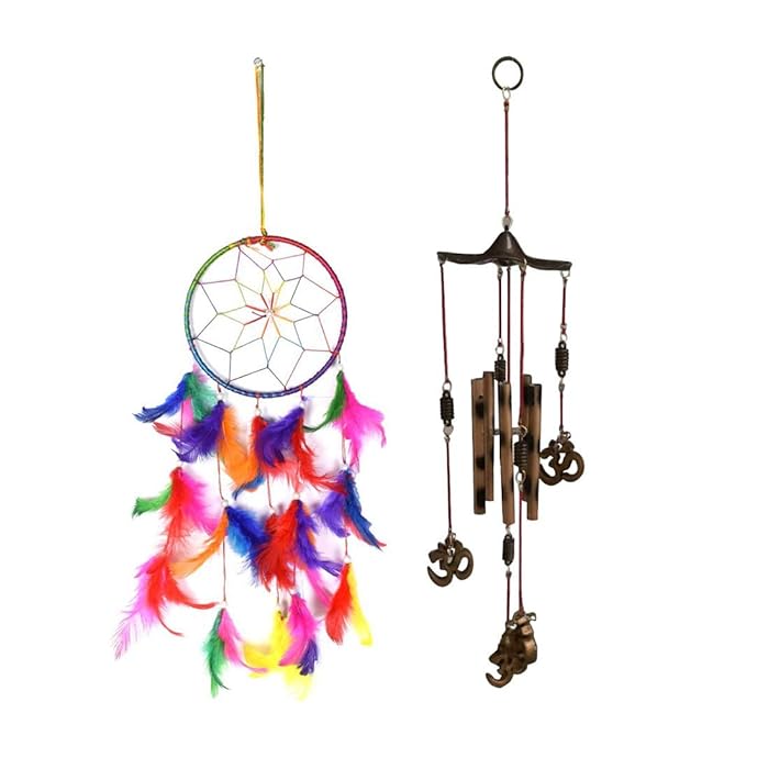 Multicolor Dream Catcher with Golden Om Wind Chime Combo | Multicolor Dream Catcher and Golden Om Wind Chime Combo