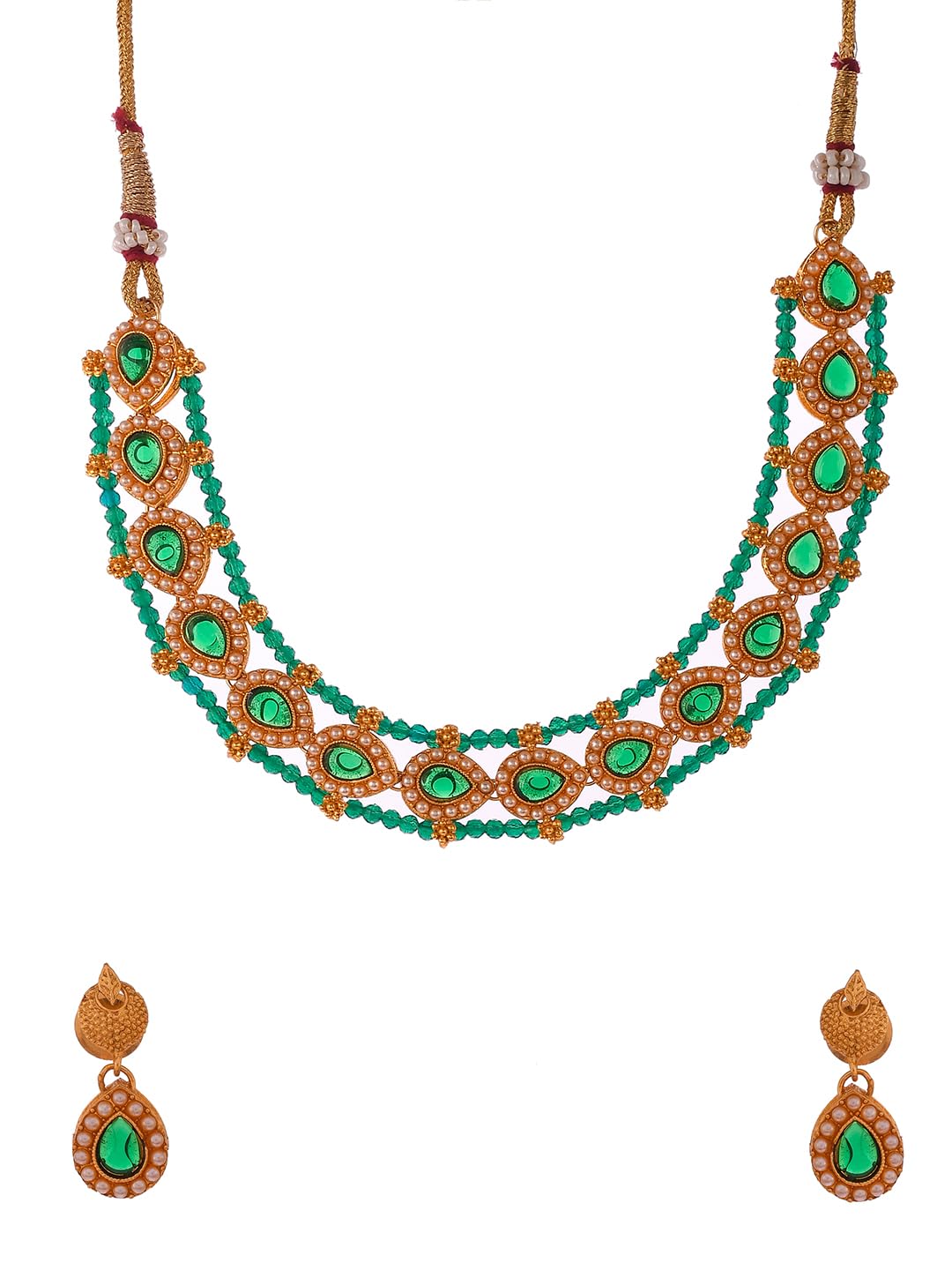 Green Beaded Choker Set | Gold Plated Green Beaded Choker Necklace Set