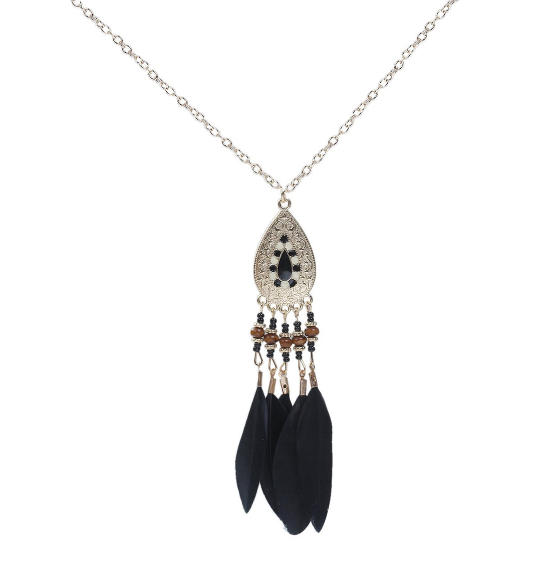 Boho Gypsy Feather Pendant Necklace | Boho Gypsy Style Black Feather Long Pendant Chain Necklace