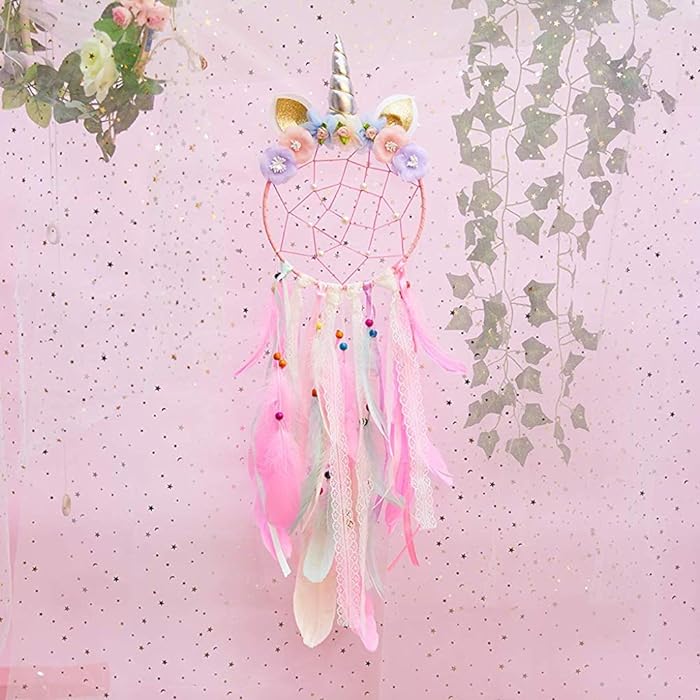 Unicorn Dream Catcher | Cotton Thread Pink Unicorn Dream Catcher - Shiny Pearls Net