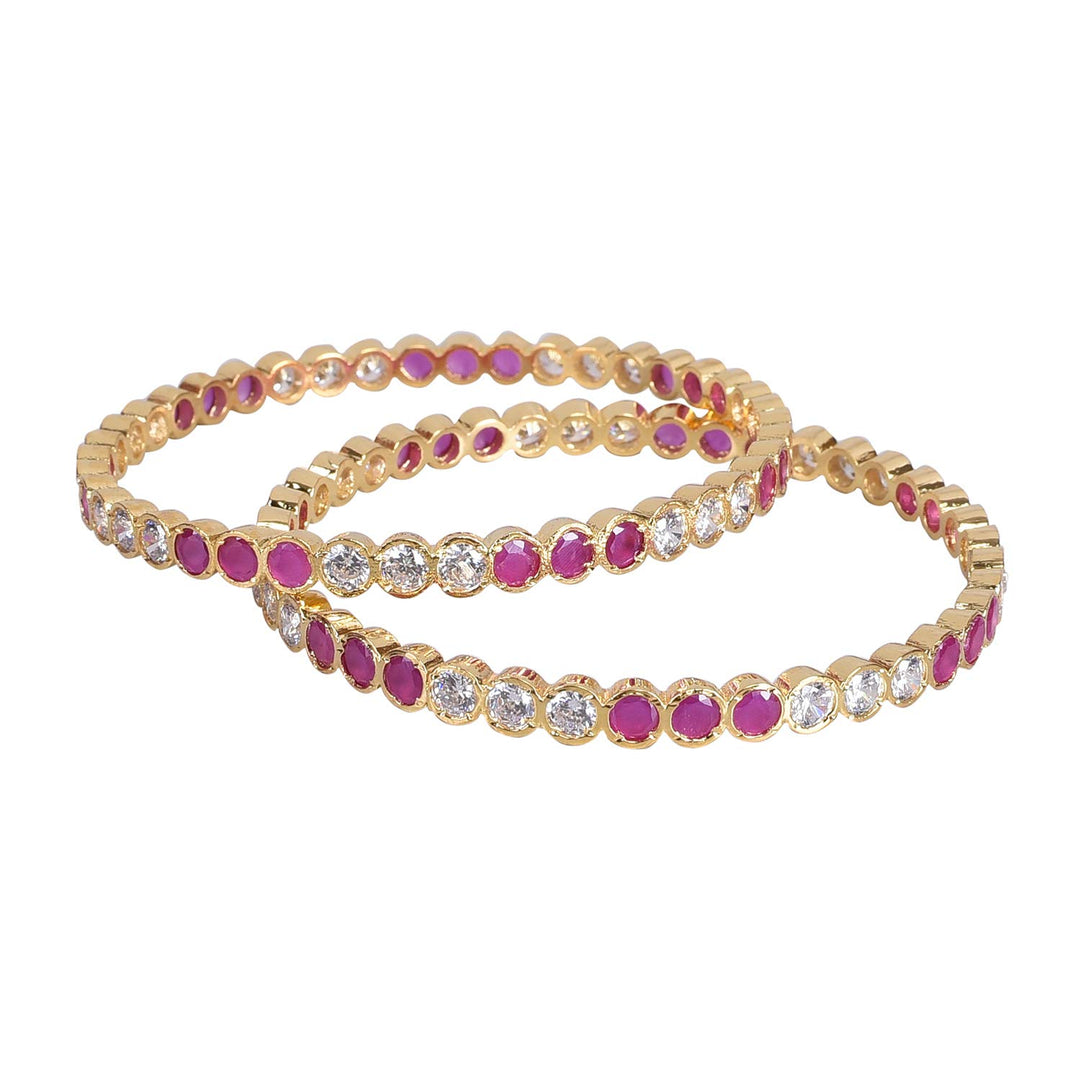 Gold Plated Designer American Diamond Bangles Set | Designer Gold Plated CZ Bangles - Red Ruby Style