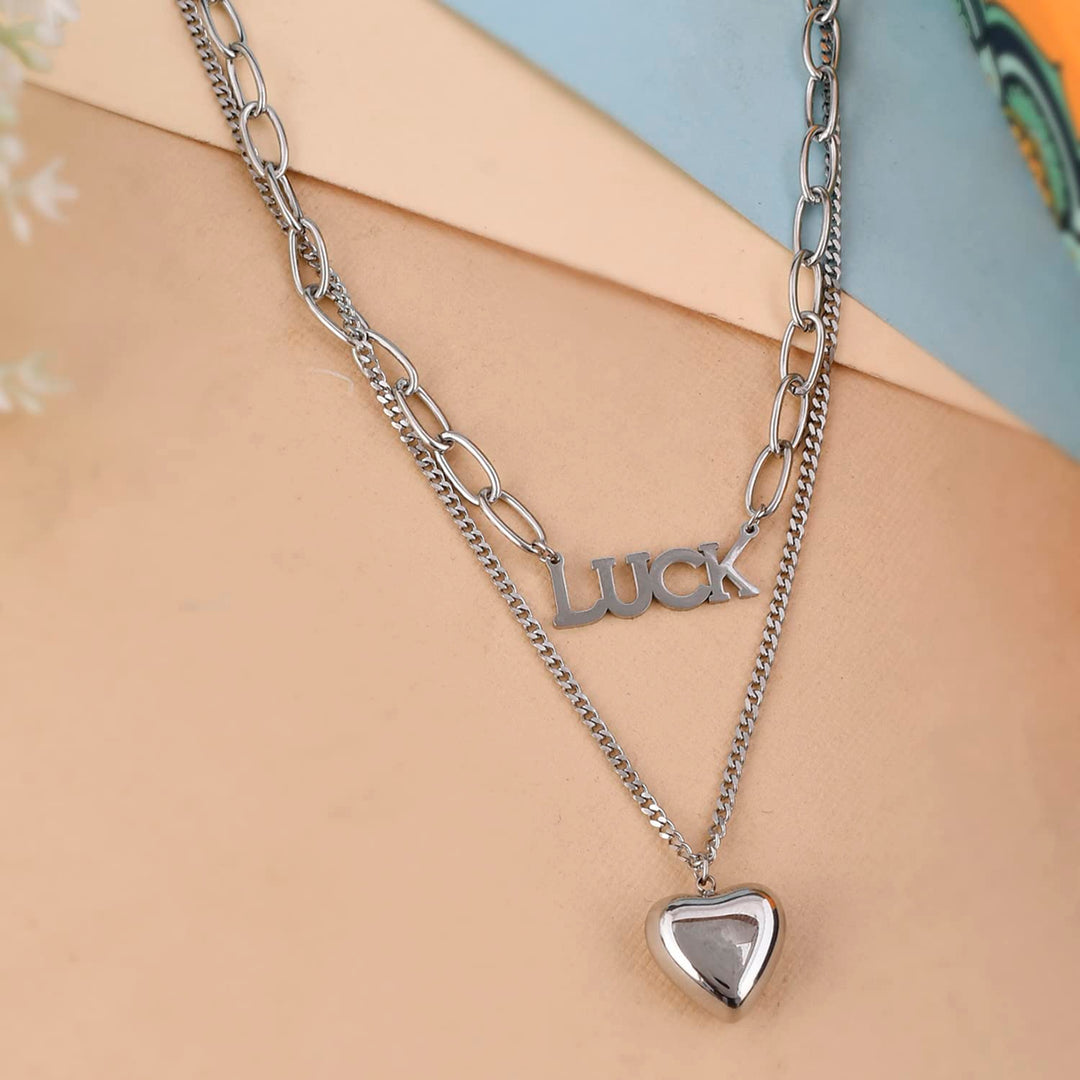 Layered Heart Pendant with Luck Engraving | Luck Engraved with Layered Heart Pendant Necklace