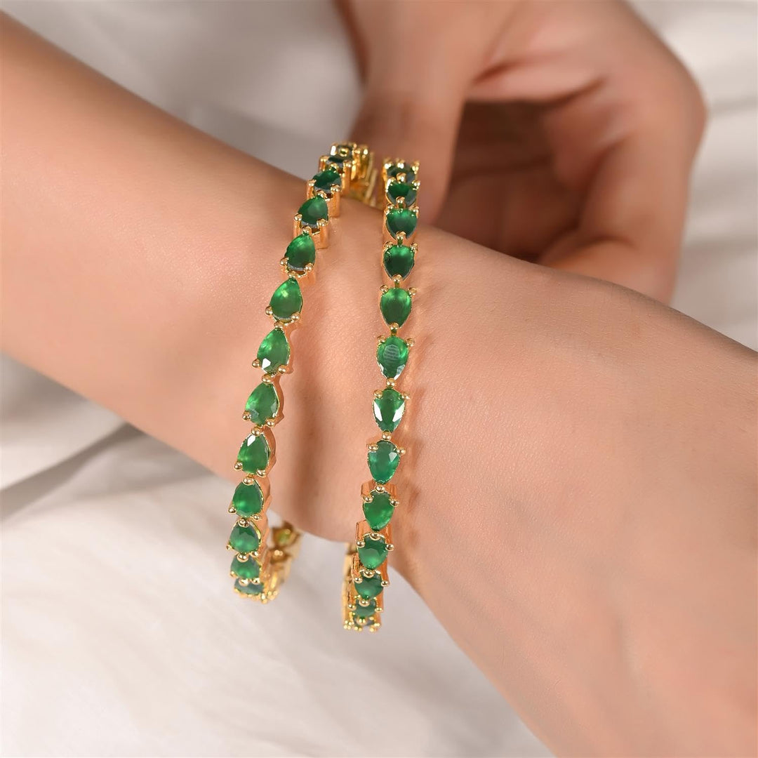 Gold Plated Emerald Green Bangles | Gold Plated American Diamond Emerald Green Pear Shape Bangles