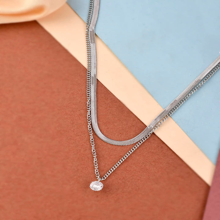 Layered Chain Drop Necklace | Silver Flat Necklace with Layered Chain Drop for Women and Girls