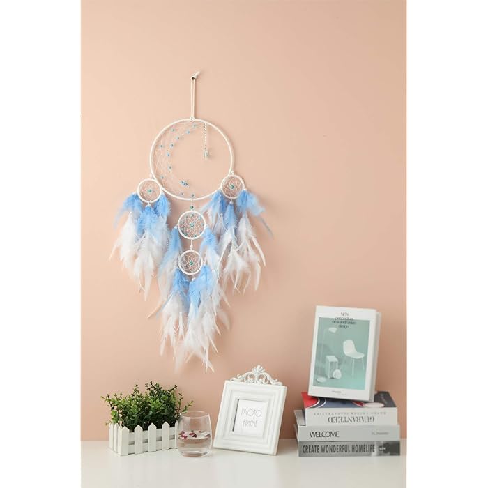Moon Dream Catcher with White and Blue Feathers | Handmade Moon Dream Catcher - White Blue Feather
