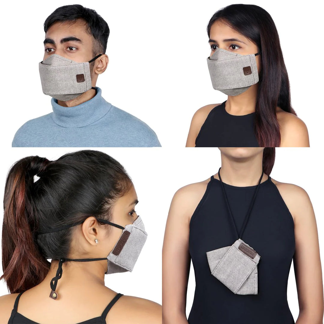 Brown White Face Mask WIth Leather Thread | Cotton Mask with Stylish Leather Accents