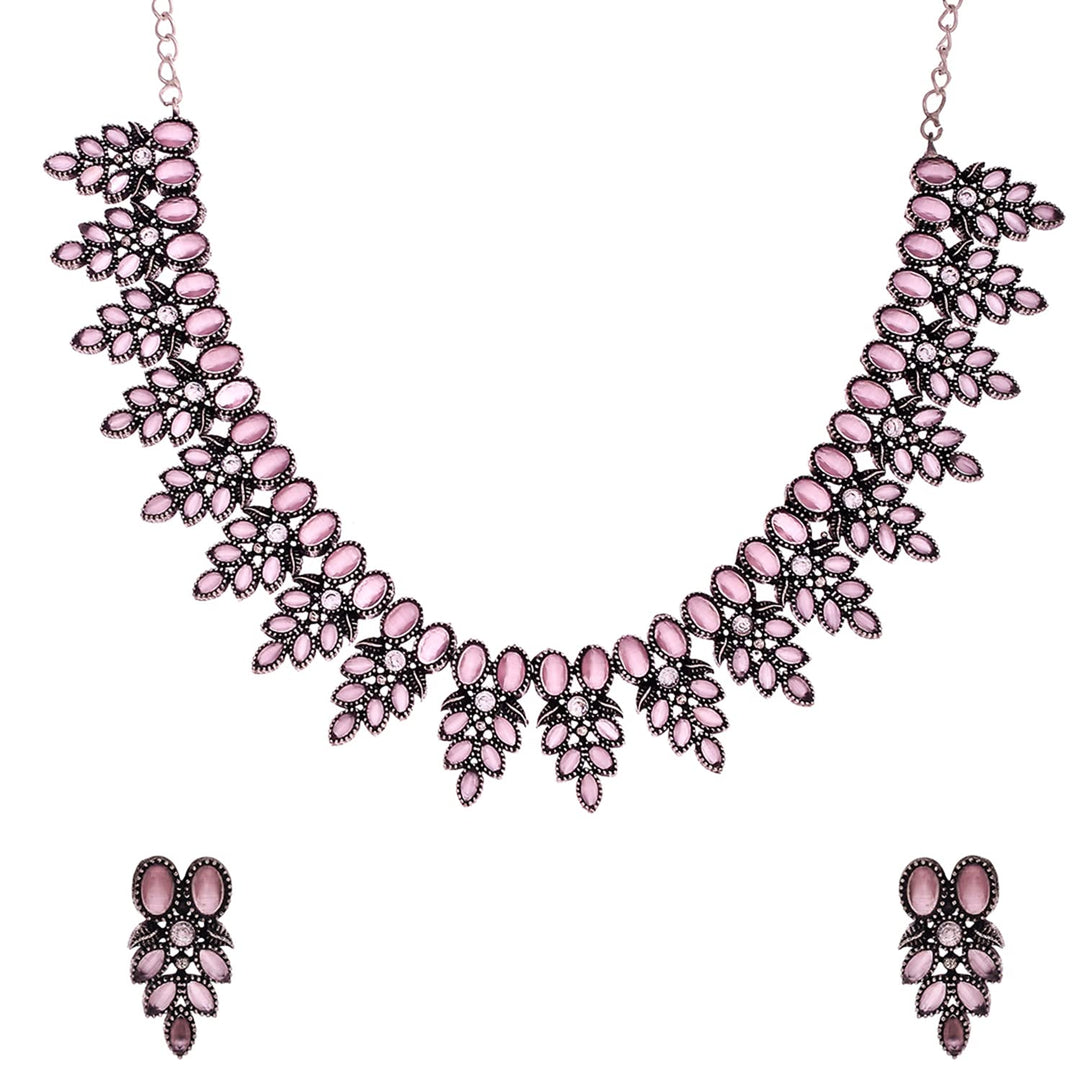Handcrafted Brass Jewelry Set | Oxidised Silver Toned Floral Necklace Set with Pink Stones