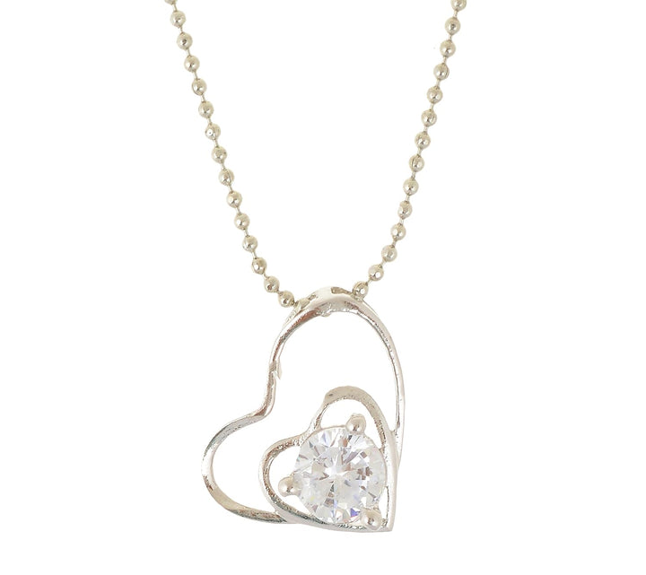 Silver Heart Pendant Set with Chain | Silver Metal American Diamond CZ Heart Pendant with Chain for Women