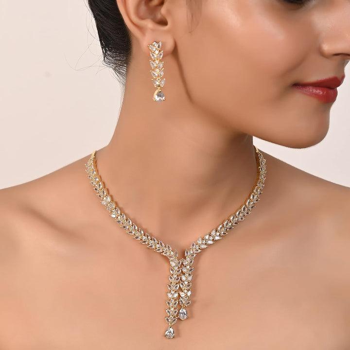Gold Plated Necklace Set with Cubic Zirconia Stones | CZ Gold Plated Designer Necklace Set - Elegant