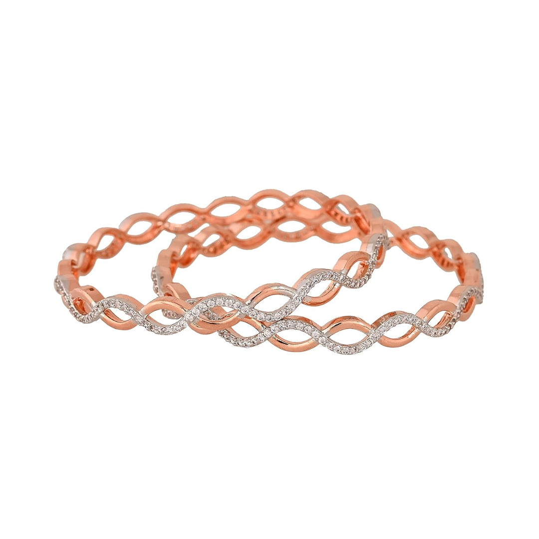 Rose Gold Plated Bangle Set with CZ | Rose Gold Plated Brass White Solitaire American Diamond Bangles