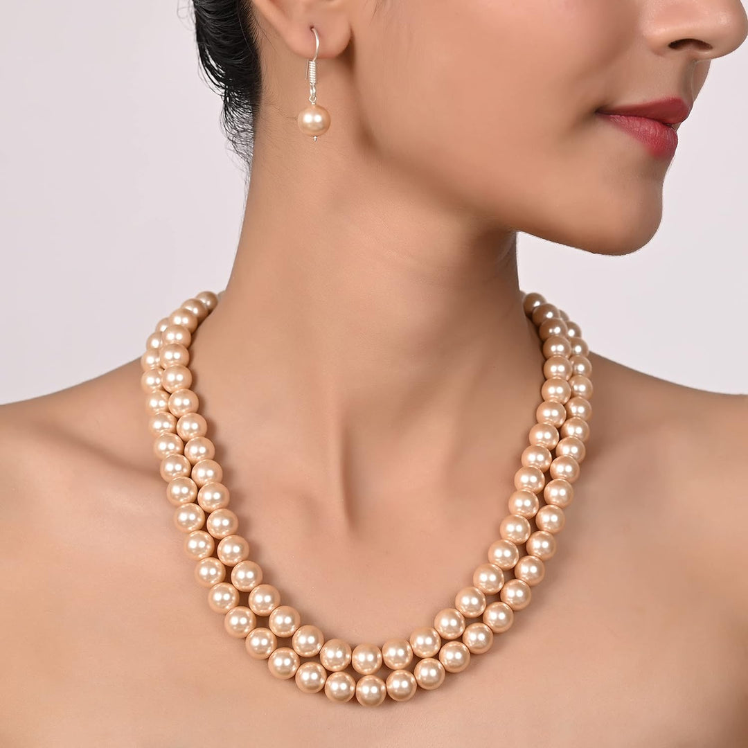 Imitation Pearl Double Strand Necklace Set with Earrings | Double Strand Imitation Pearl Set - Timeless Beauty