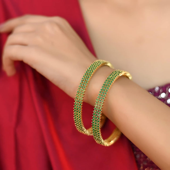 Gold Plated Emerald Green CZ Bangles for Women | Emerald Green CZ Bangles - Gold Plated Classics
