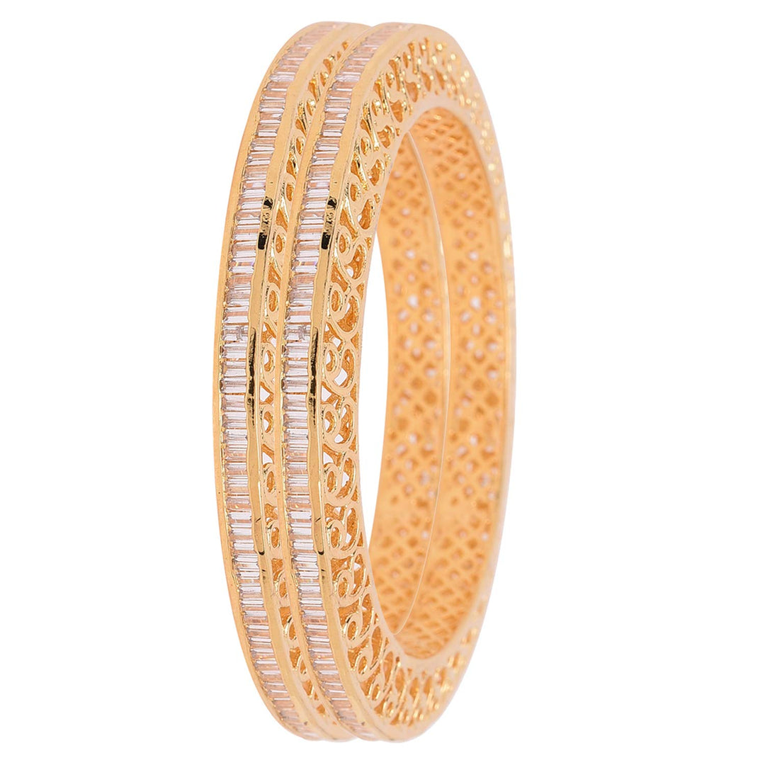 Gold Plated American Diamond Designer Bangle - Elegant Wedding Jewelry | Gold Plated White Baguettes American Diamond Designer Kada Bangle