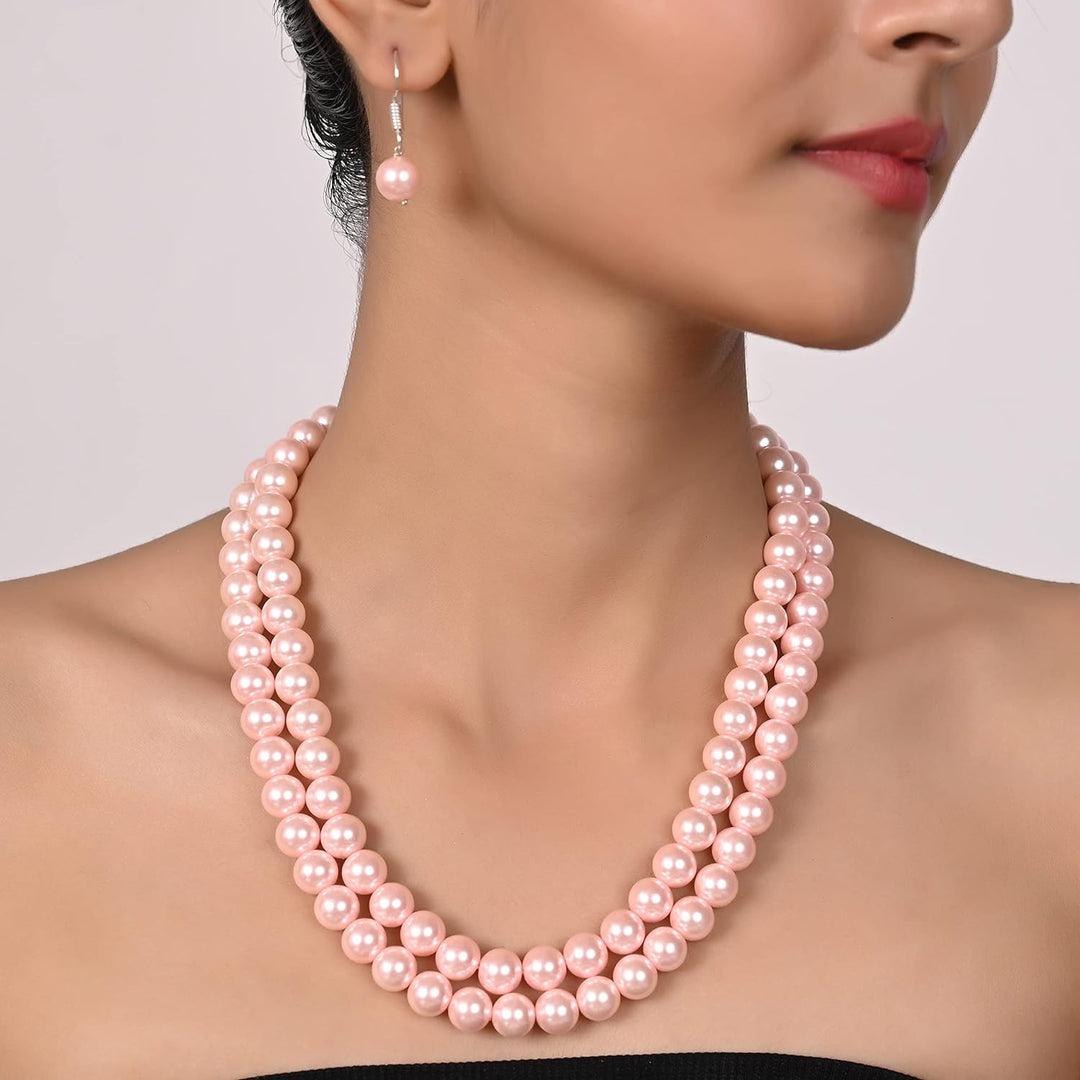 Imitation Pearl Double Strand Necklace Set with Earrings | Double Strand Imitation Pearl Set - Timeless Beauty