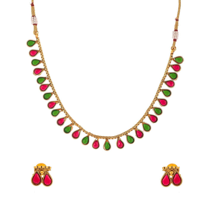 Teardrop Necklace Set | Gold Plated Red and Green Teardrops Minimal Necklace Set