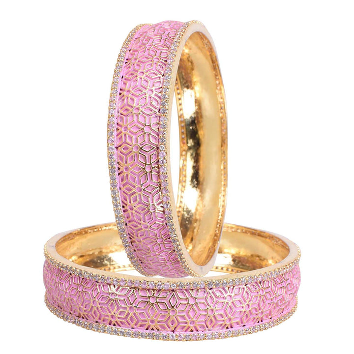 Gold Plated Pink Enamel Bangles | American Diamond ADCZ Gold Plated Pink Enamel Design Bangles