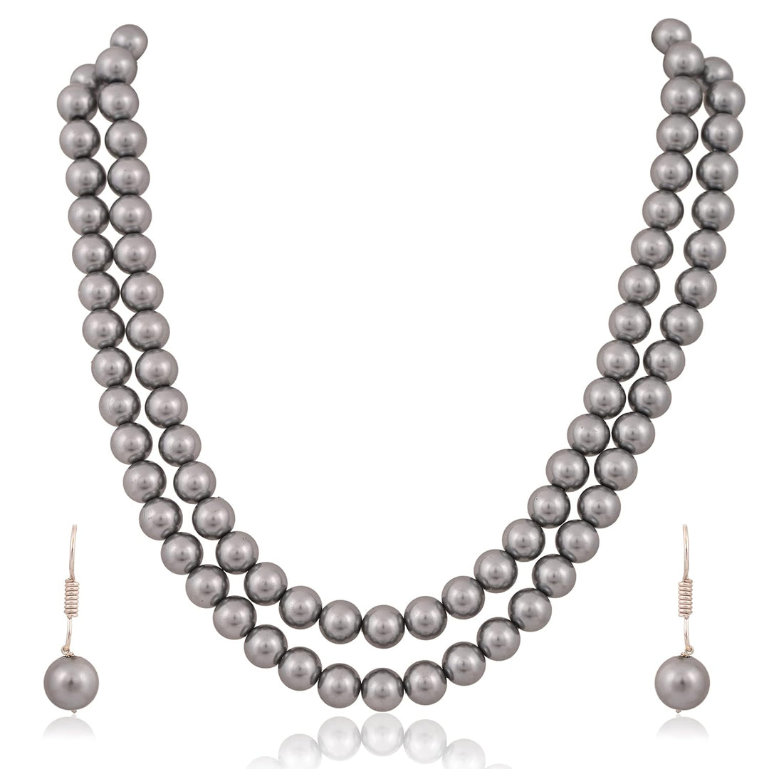 Imitation Pearl Double Strand Necklace Set with Earrings | Double Strand Imitation Pearl Set - Timeless Beauty