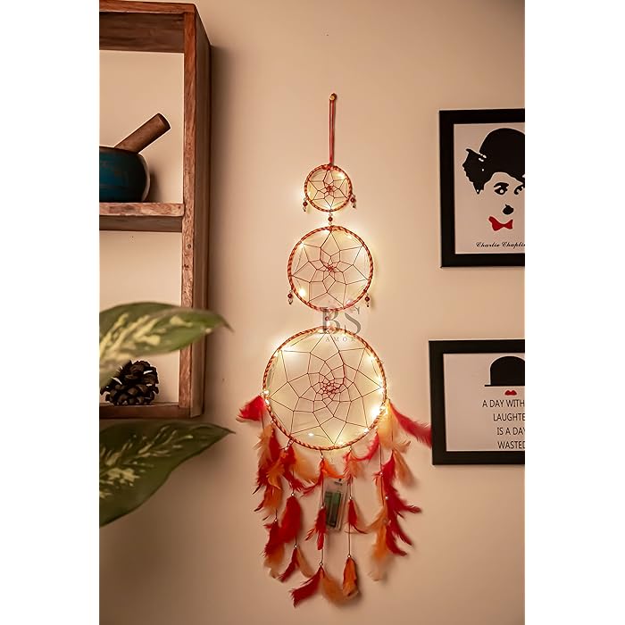 Dream Catcher with Lights and Feathers | Dream Catcher with Lights - Orange Red Feathers (17cm Diameter)