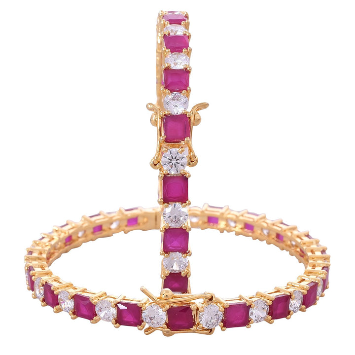 Gold Plated American Diamond Bangles with Red Ruby and White CZ | Red Ruby Gold Plated Traditional Bangles - RV2646R