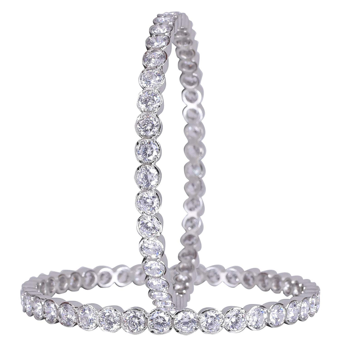 White Silver CZ Bangles Set - Brass, Size 2.8 | CZAD American Diamond Studded Silver Plated Bangles Set