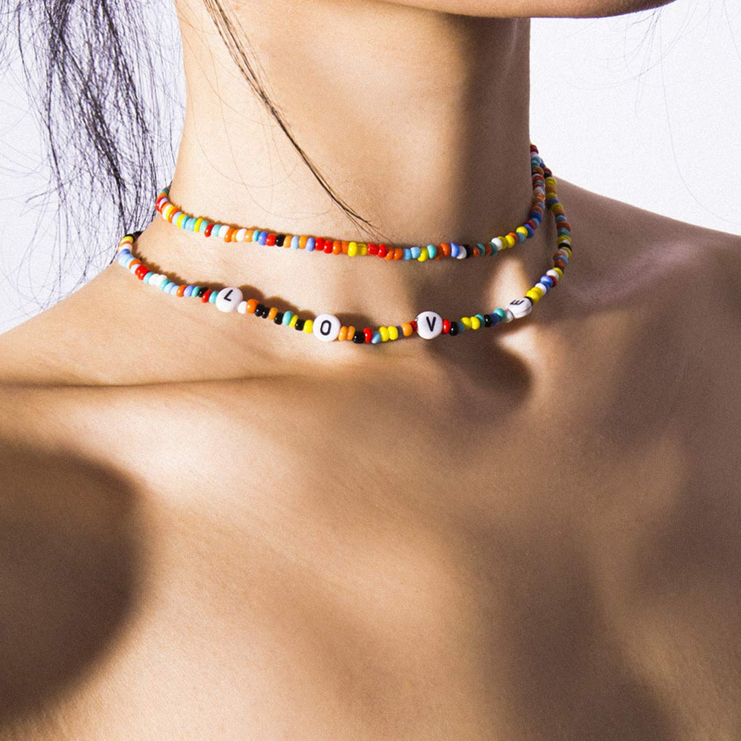 Multi Coloured Beaded Choker Necklace | Multi Coloured Daisy Rainbow Rice Beaded Choker Necklace with Love Word Charm