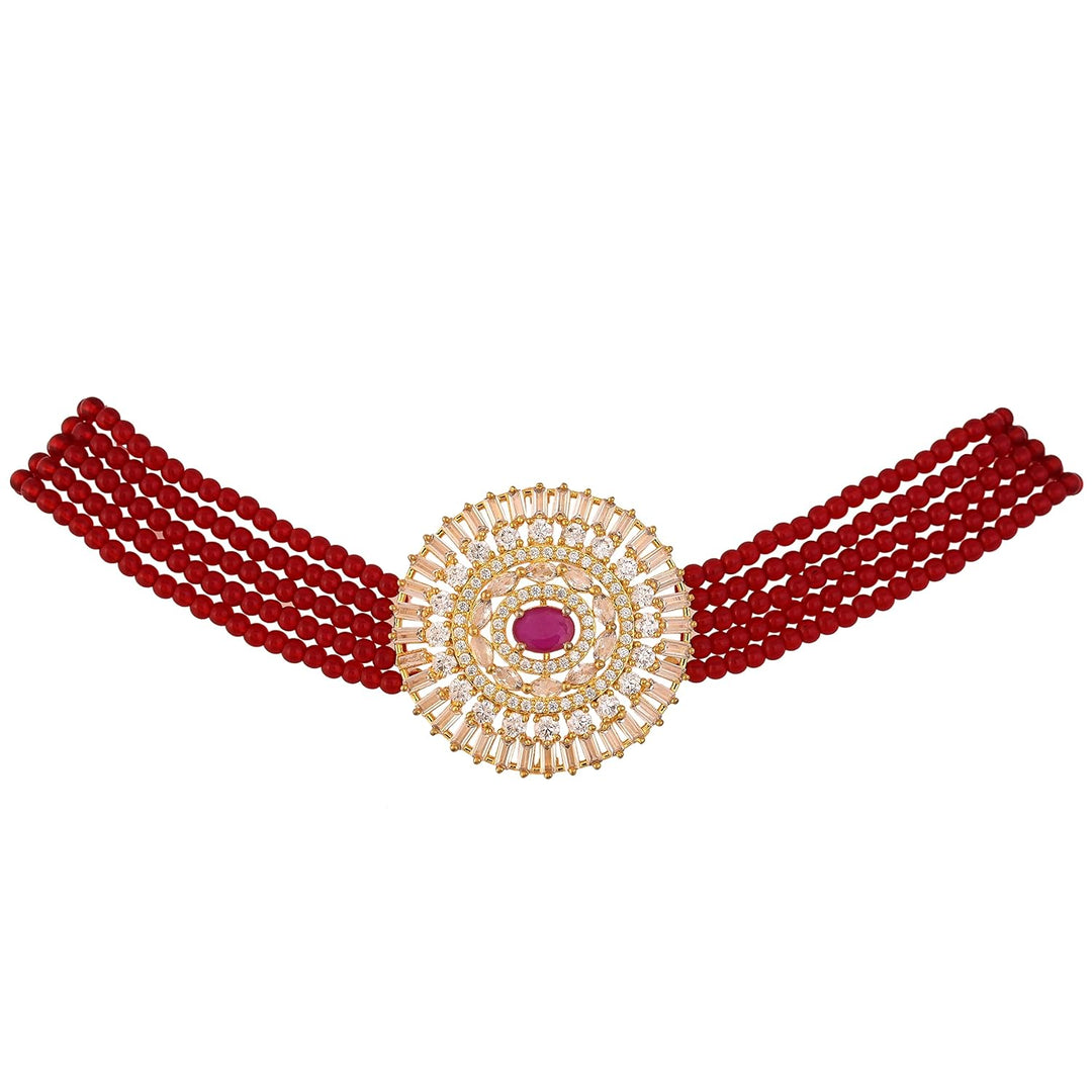 Golden Choker Necklace Set with American Diamond | Royal Red Gold Plated Choker Necklace Set