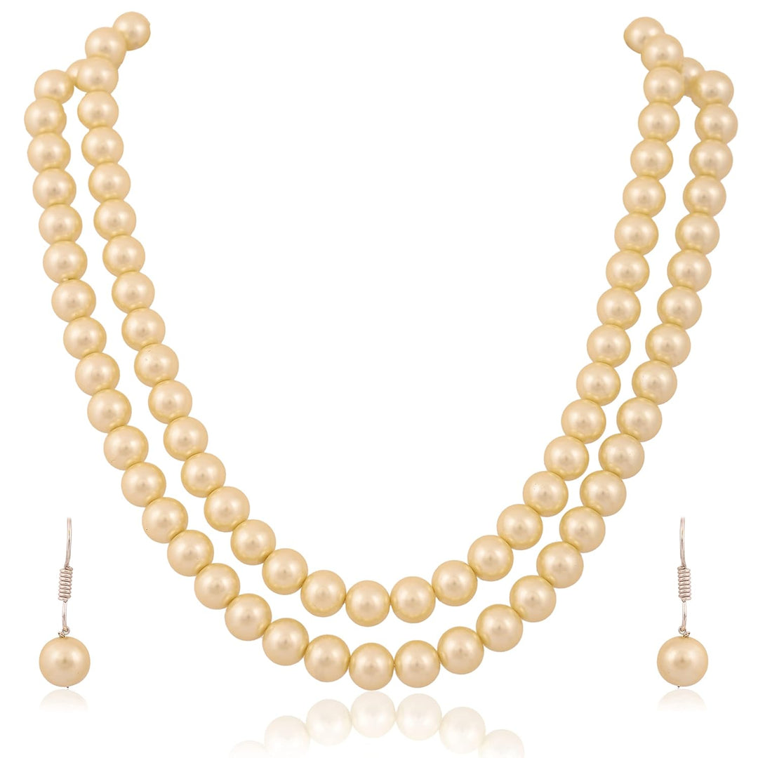 Imitation Pearl Double Strand Necklace Set with Earrings | Double Strand Imitation Pearl Set - Timeless Beauty