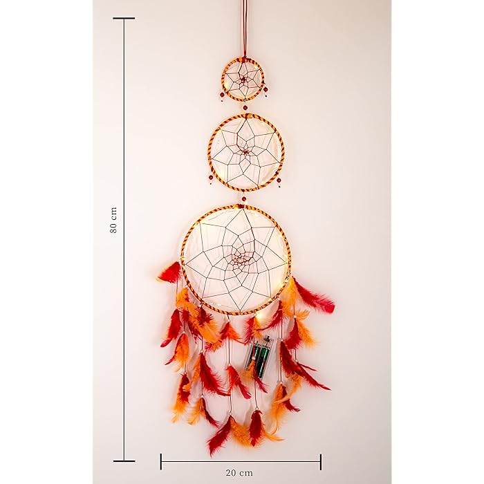 Dream Catcher with Lights and Feathers | Dream Catcher with Lights - Orange Red Feathers (17cm Diameter)