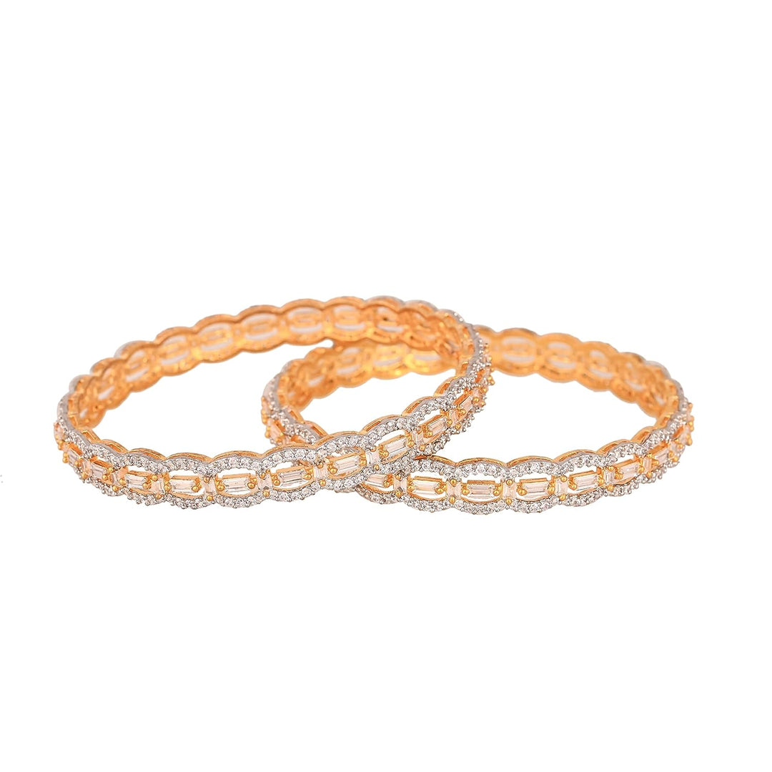 Gold Plated Bangle Bracelets with Cubic Zirconia - Size 2.6 | Gold Plated White Baguette American Diamond Stone Latest Bangles Set