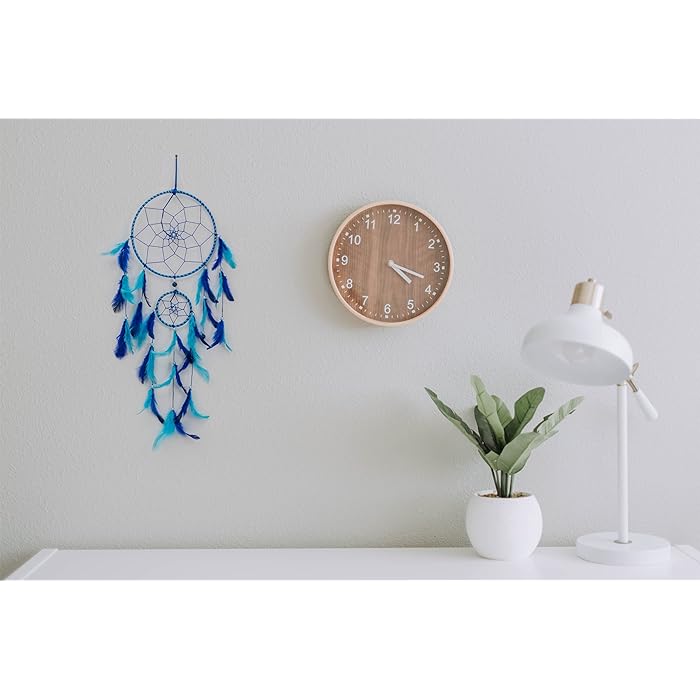 Handmade Dream Catcher Wall Hanging - Blue Feathers | Handmade Blue & Light Blue Feather Dreamcatcher (17cm x 60cm)