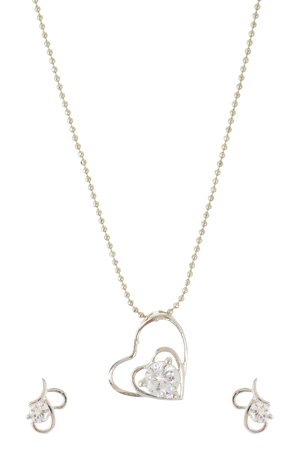 Silver Heart Pendant Set with Chain | Silver Metal American Diamond CZ Heart Pendant with Chain for Women