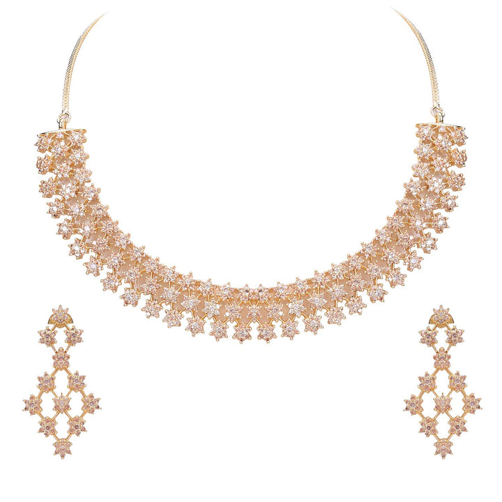 Gold Plated Necklace Set with Earrings | American Diamond Golden Champagne Necklace Set