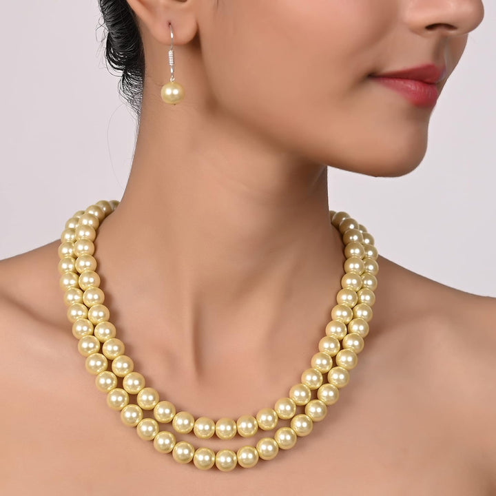 Imitation Pearl Double Strand Necklace Set with Earrings | Double Strand Imitation Pearl Set - Timeless Beauty