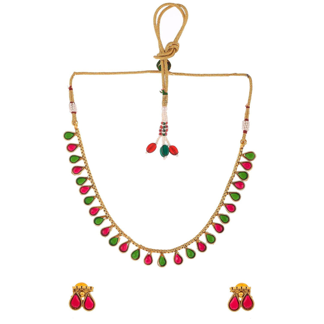 Teardrop Necklace Set | Gold Plated Red and Green Teardrops Minimal Necklace Set