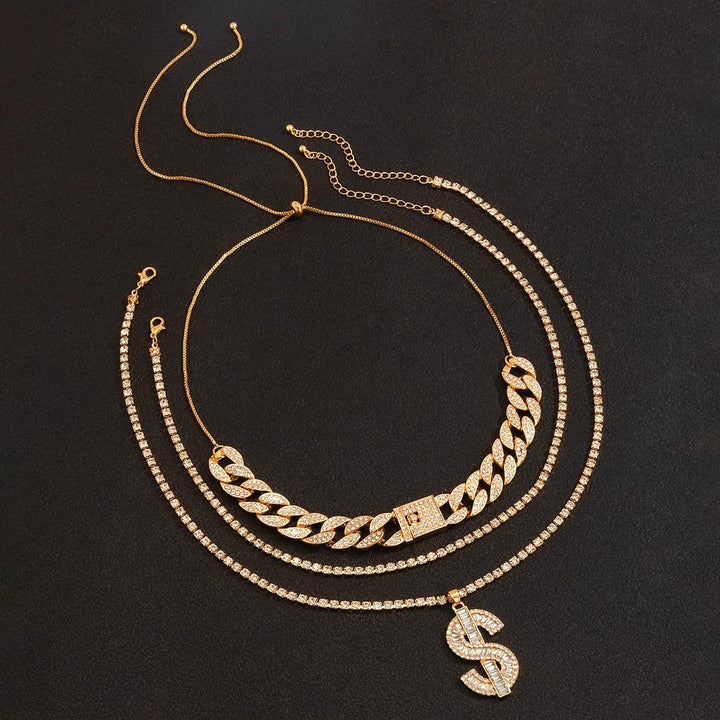 Men's Golden Dollar Sign Chain Necklace | Golden Multilayer Hip Hop Cuban Long Chain