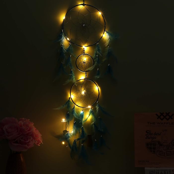 Handmade Dream Catcher - Home Decor | Blue Feather Dream Catcher with Lights (17cm)
